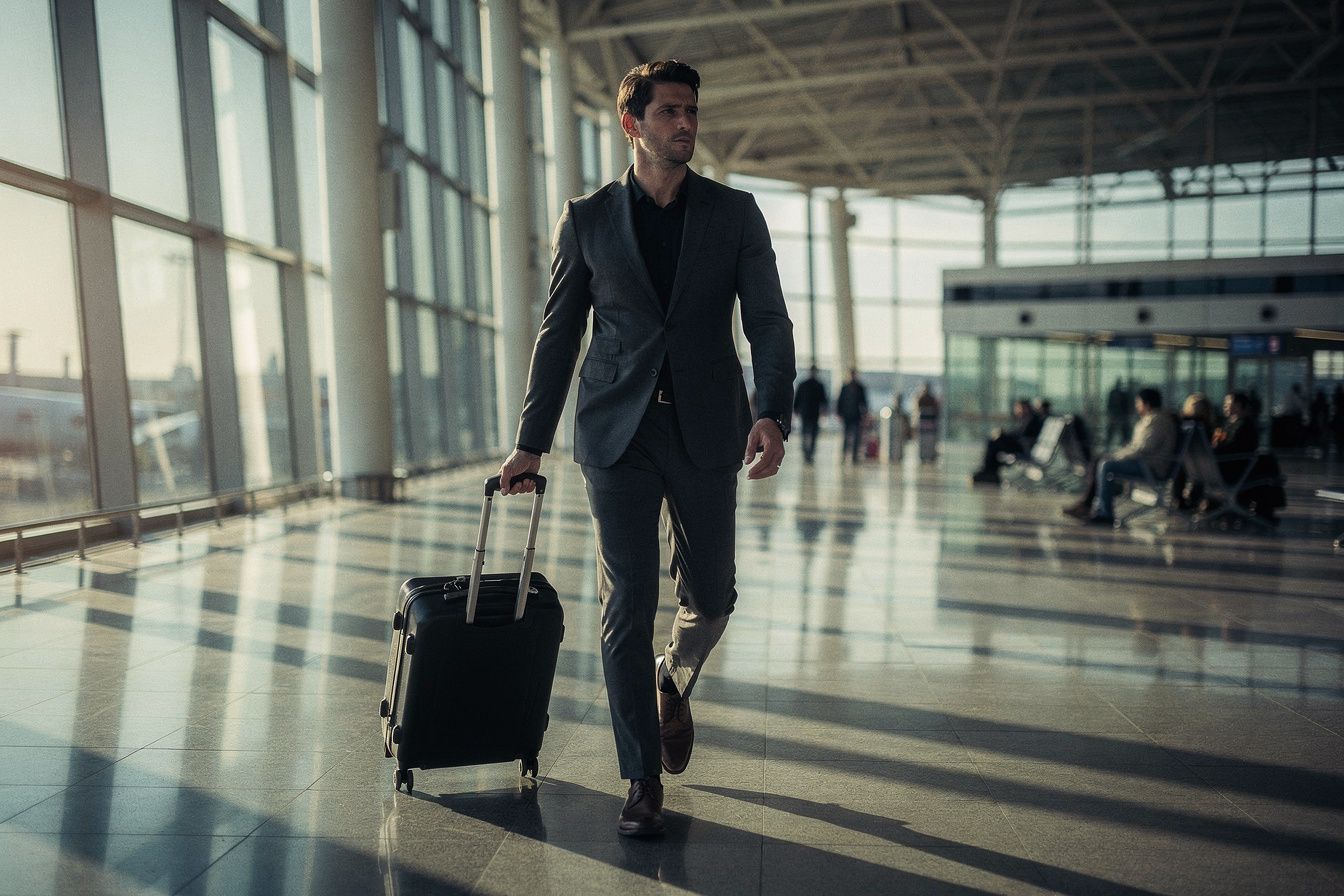A man in a dark jacket walking through a glass airport terminal at dawn with one carry-on