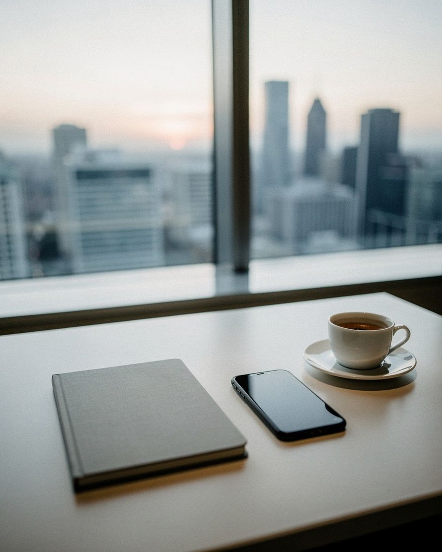 A hotel room desk at dawn: notebook, phone, espresso, the city soft behind