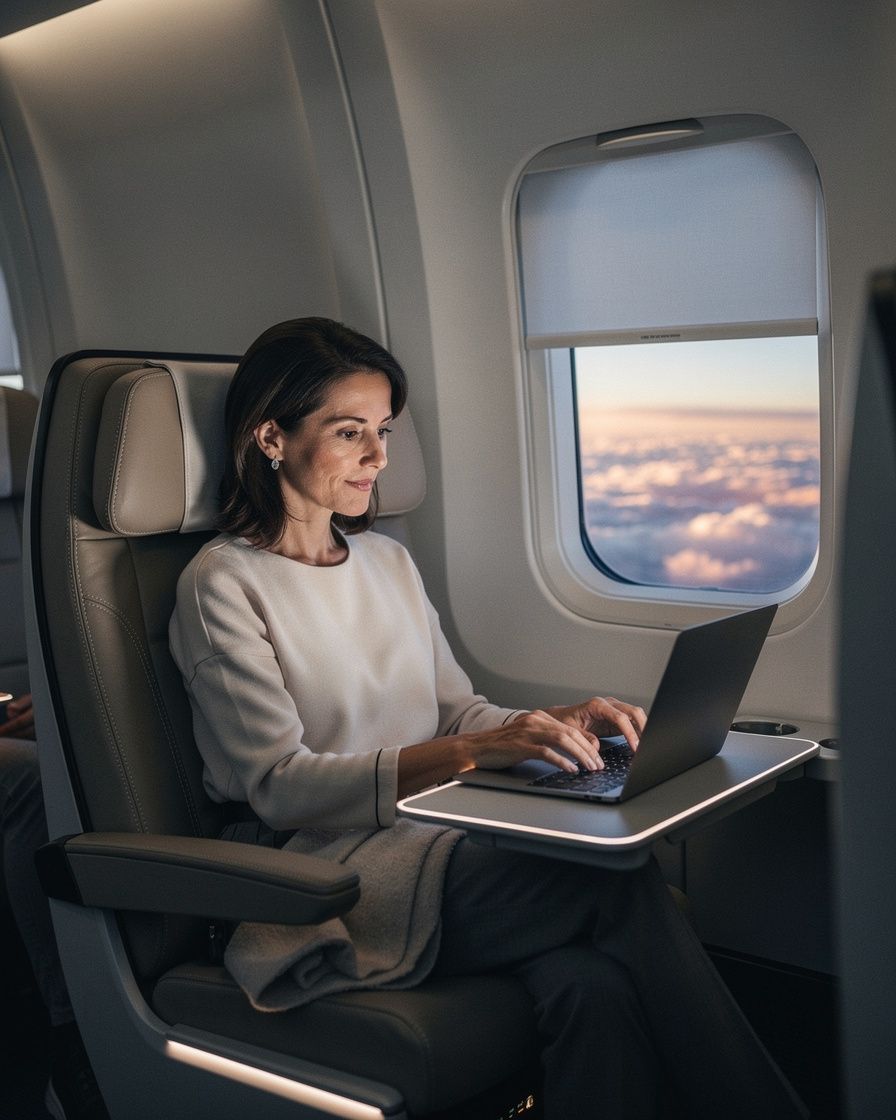 A woman working on a laptop in a dimmed lie-flat business class seat, cloud tops at dawn outside