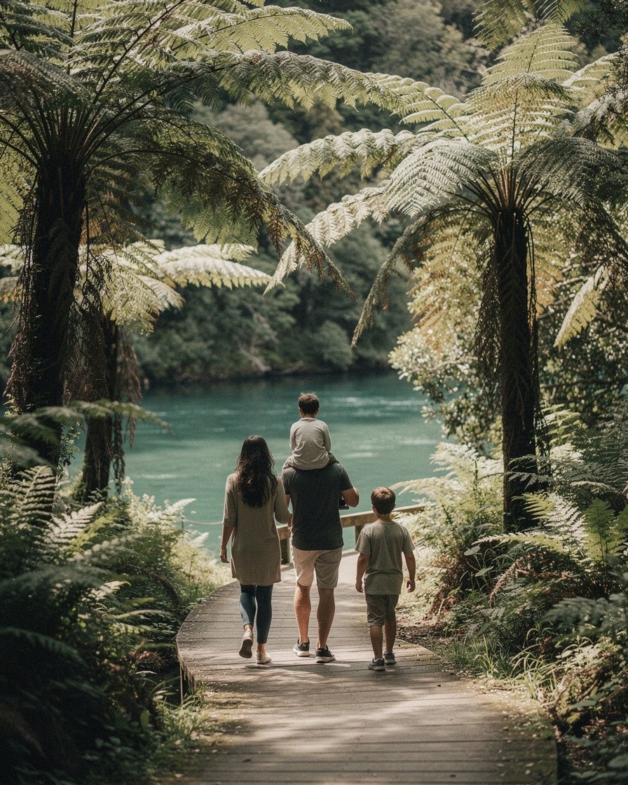 A family of four on a boardwalk through fern forest, walking towards a turquoise river
