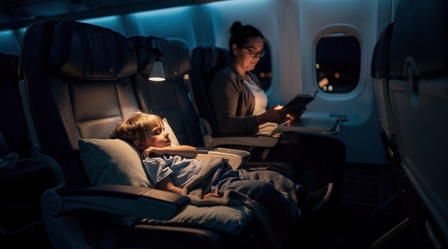 A toddler asleep across a converted economy row on a night flight, a parent reading beside them