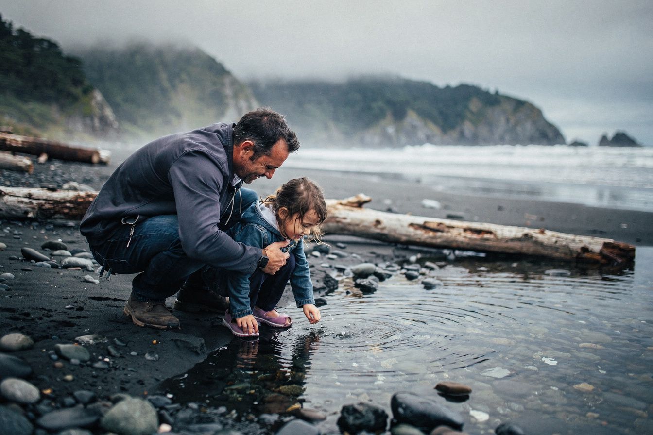 A father and small daughter crouched at a tide pool on a black-sand West Coast beach