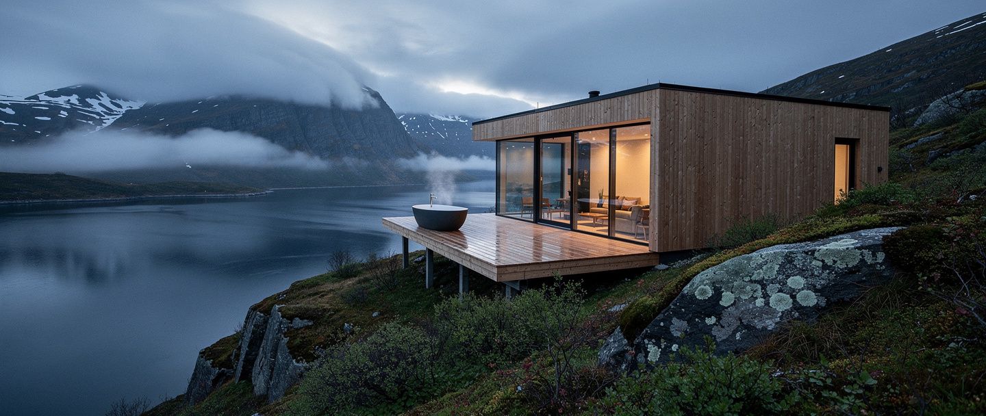 A timber and glass cabin above a sound at first light, an outdoor bath steaming on the deck