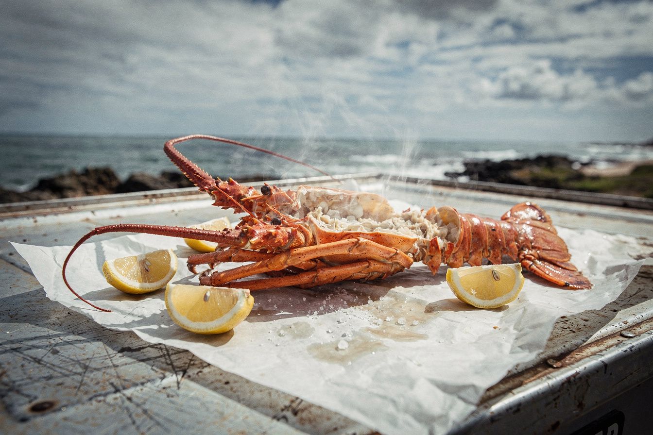 Freshly cooked kōura split open on butcher paper on the tailgate of a ute, the sea behind