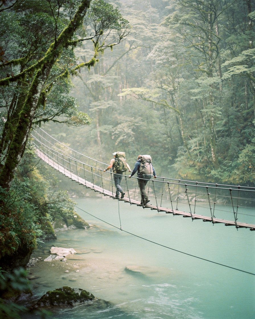 Two hikers on a swing bridge over a milky turquoise river in beech forest, seen from a distance