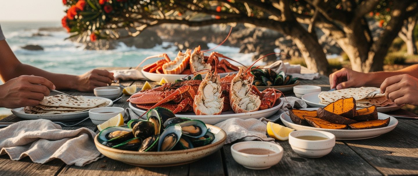 A long outdoor table under pōhutukawa trees: crayfish, green-lipped mussels, flatbread and kūmara on rough ceramic