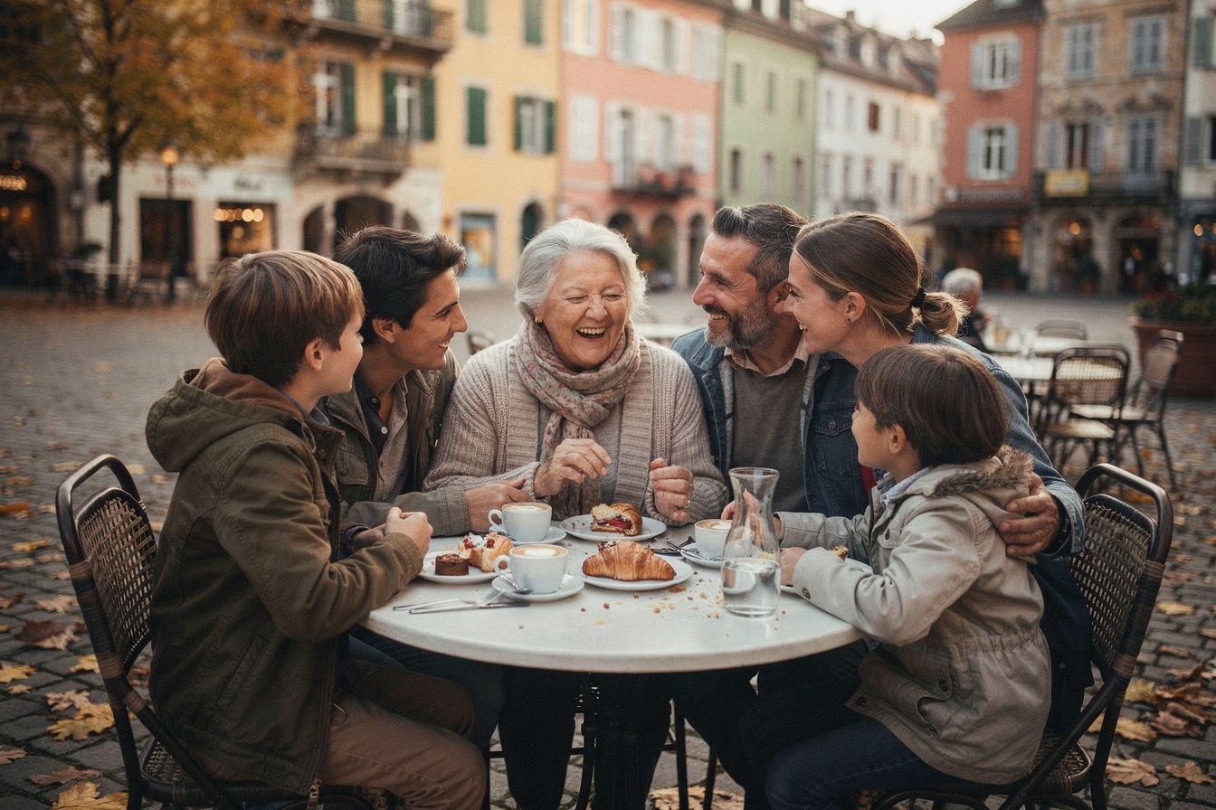 A family of six at an outdoor café table in a European old town in autumn, a grandmother laughing