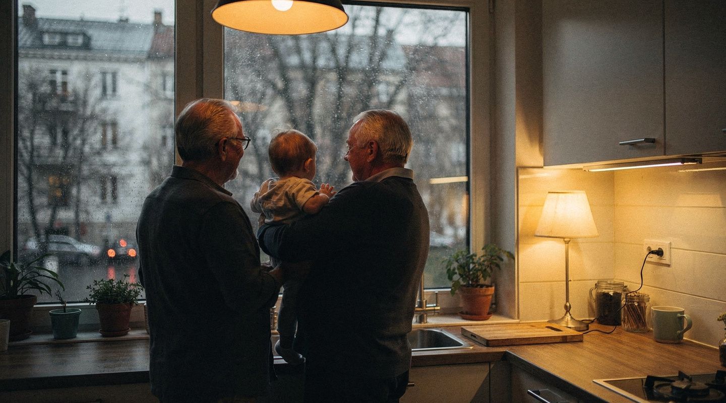 An older couple at a European kitchen window holding a toddler, a grey winter street outside